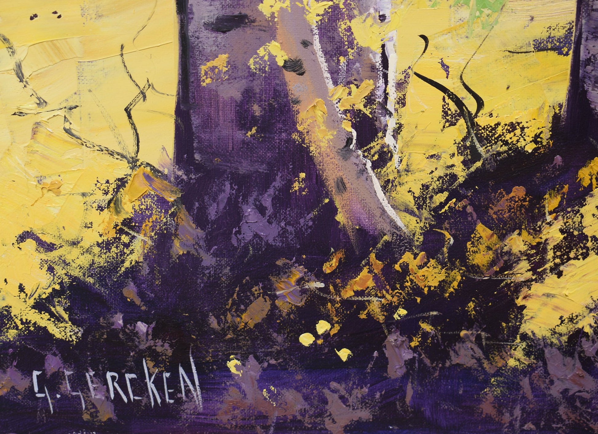 Autumn trees with golden leaves beside a country track, oil on canvas