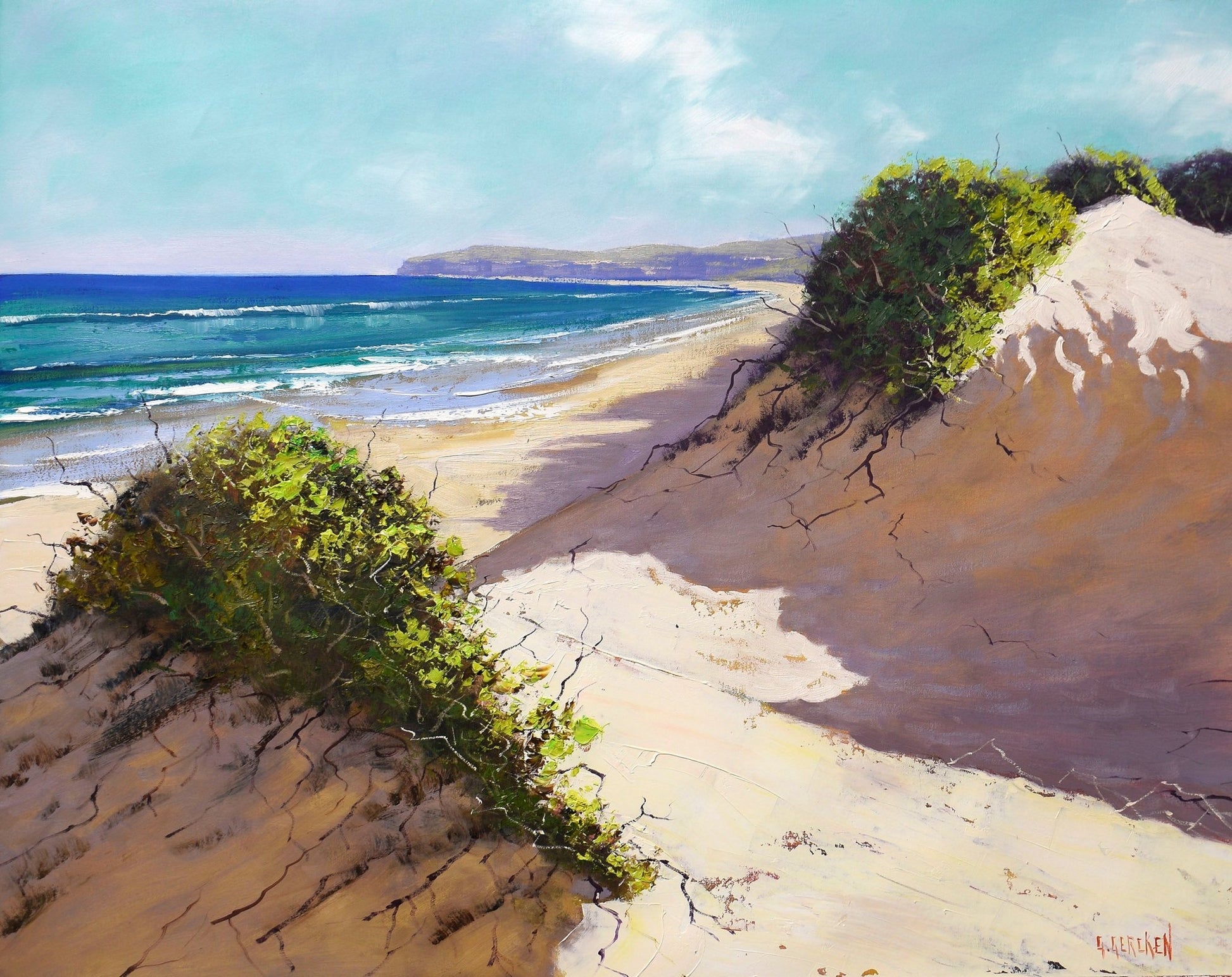 Sunlit coastal sand dunes with blue ocean view, painted in oils