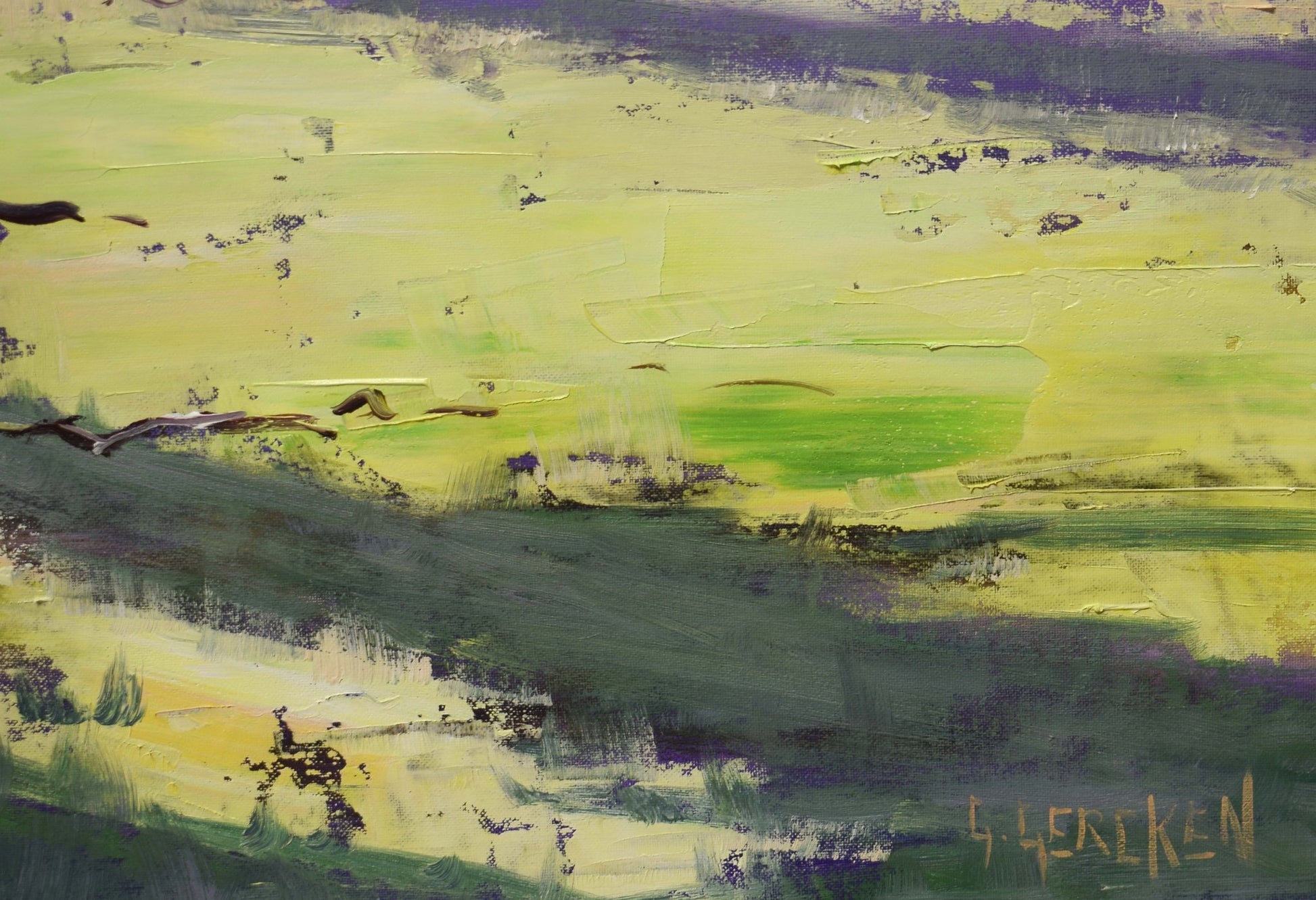 Sunlit eucalyptus trees in the Australian bush, oil on canvas