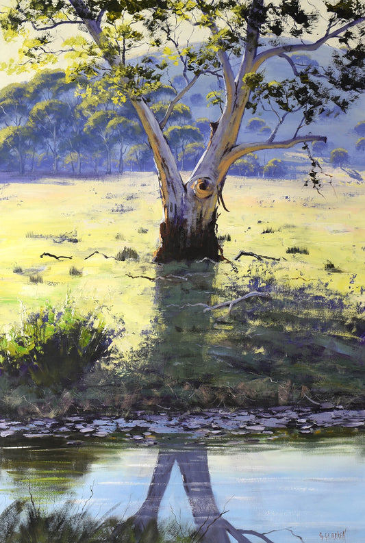 Gum tree landscape with golden light and shadows, painted in oils