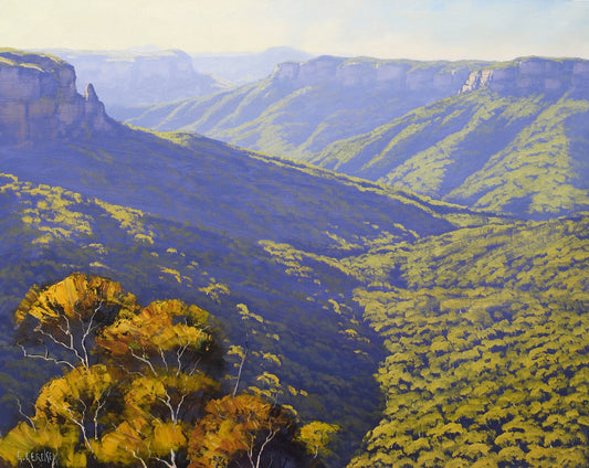 Tranquil Blue Mountains landscape artwork with atmospheric depth