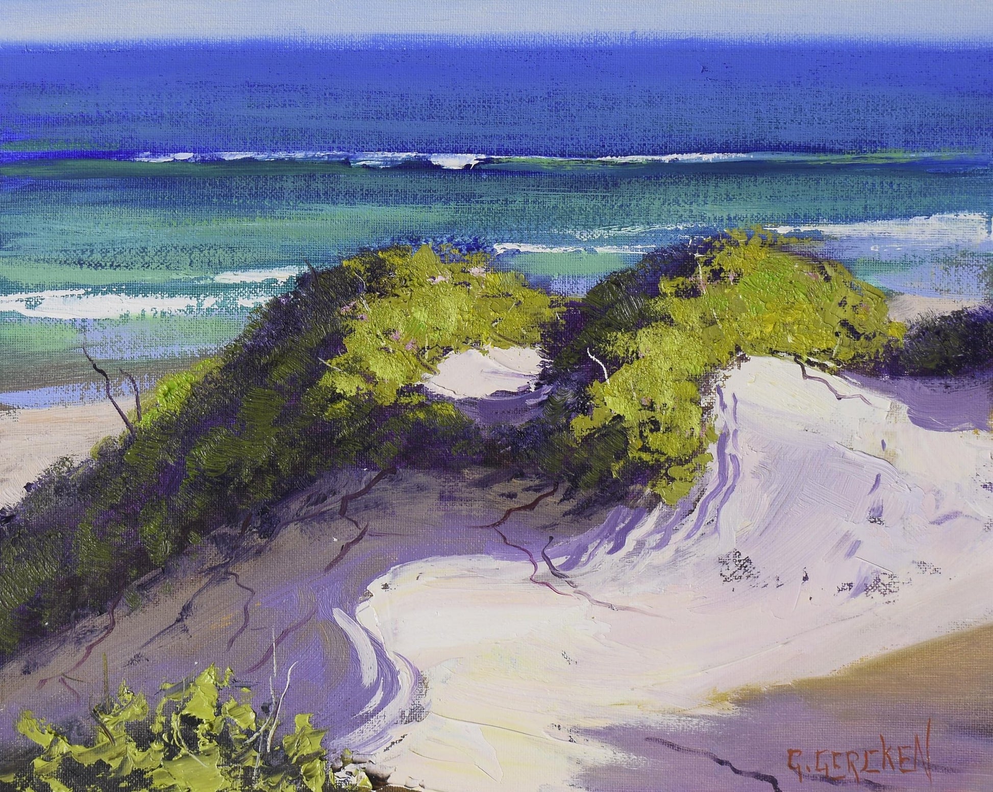 Sunlit coastal sand dunes with blue ocean view, painted in oils