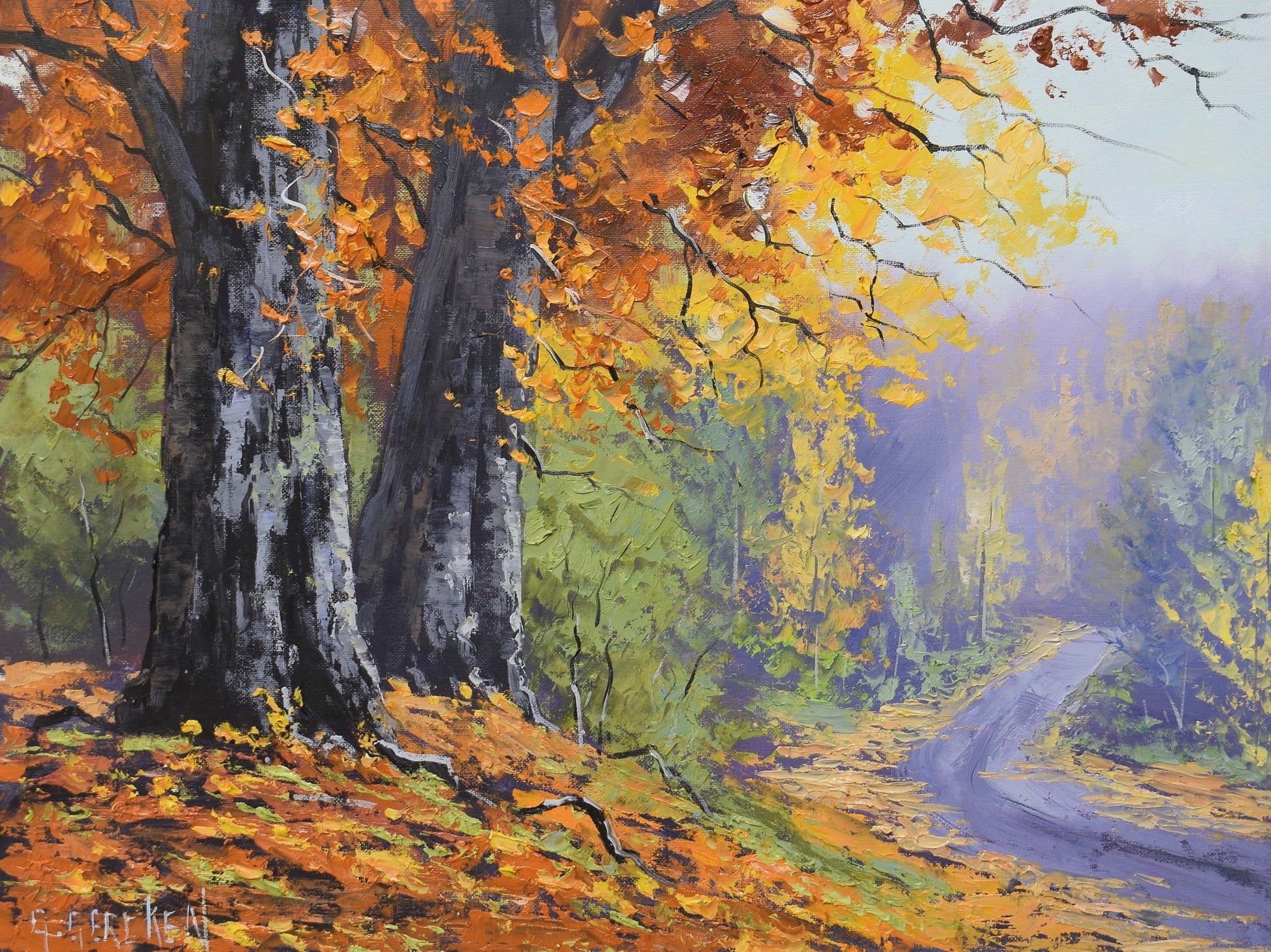 Autumn trees with golden leaves beside a country track, oil on canvas