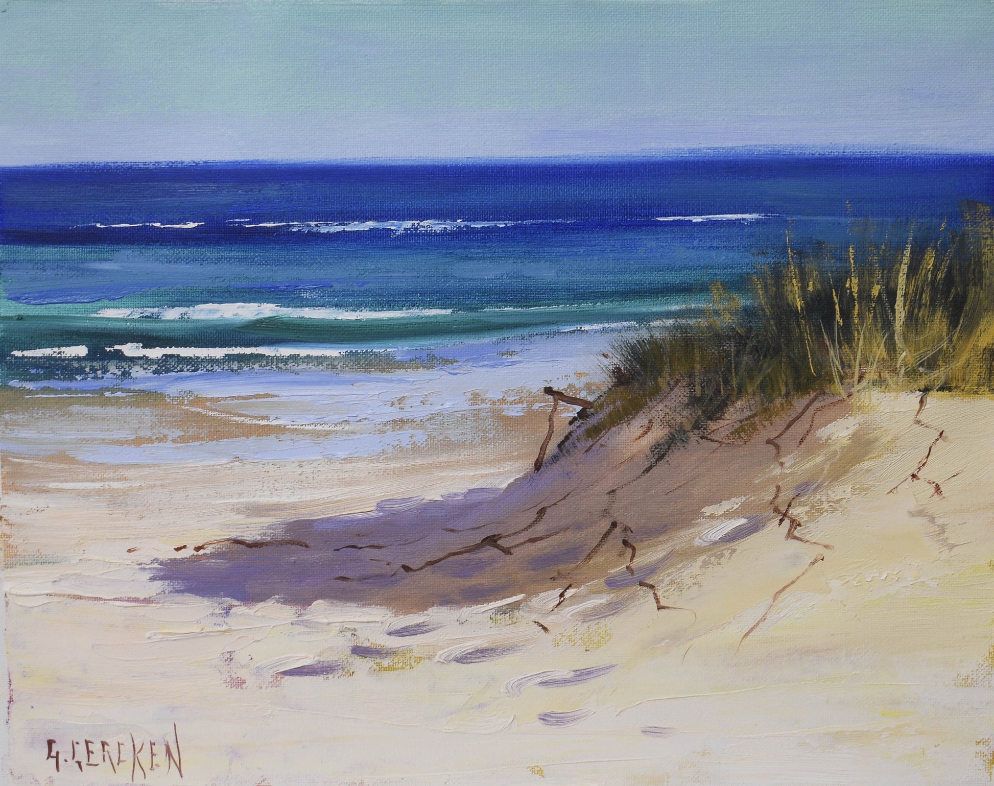Beach landscape with rippled dunes and sea grass, oil on canvas