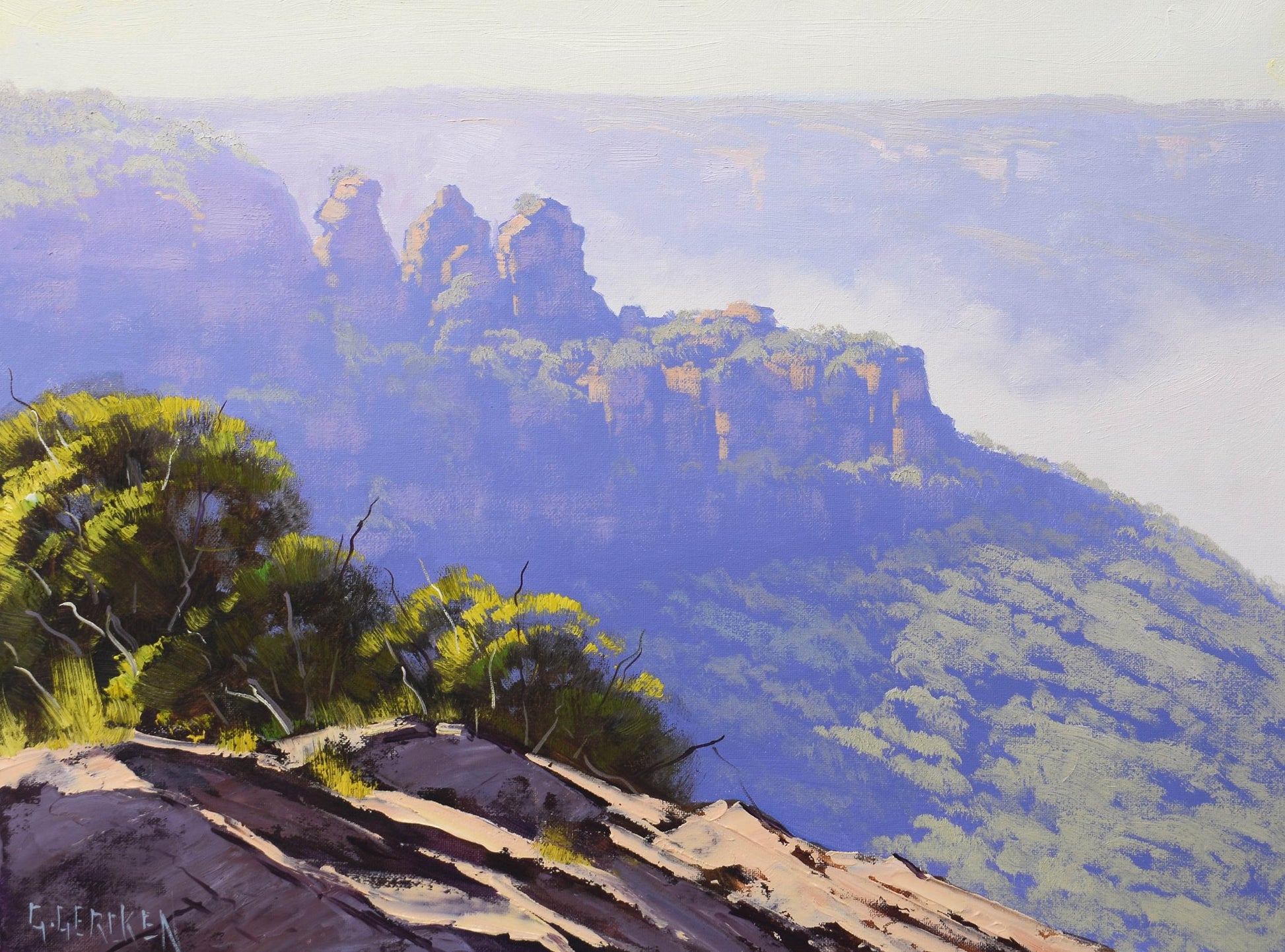 Blue Mountains cliff view with gum trees and dramatic sky, impressionist style