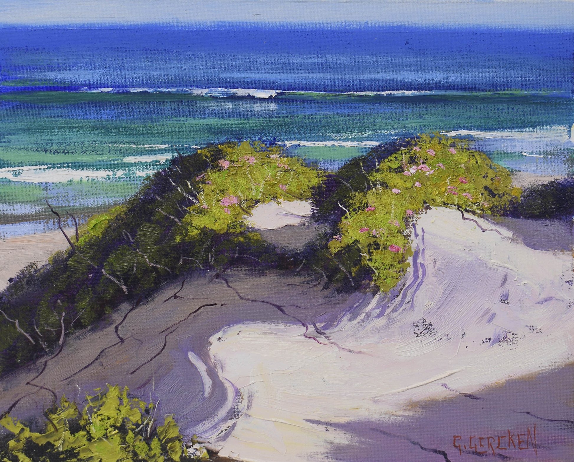Sunlit coastal sand dunes with blue ocean view, painted in oils