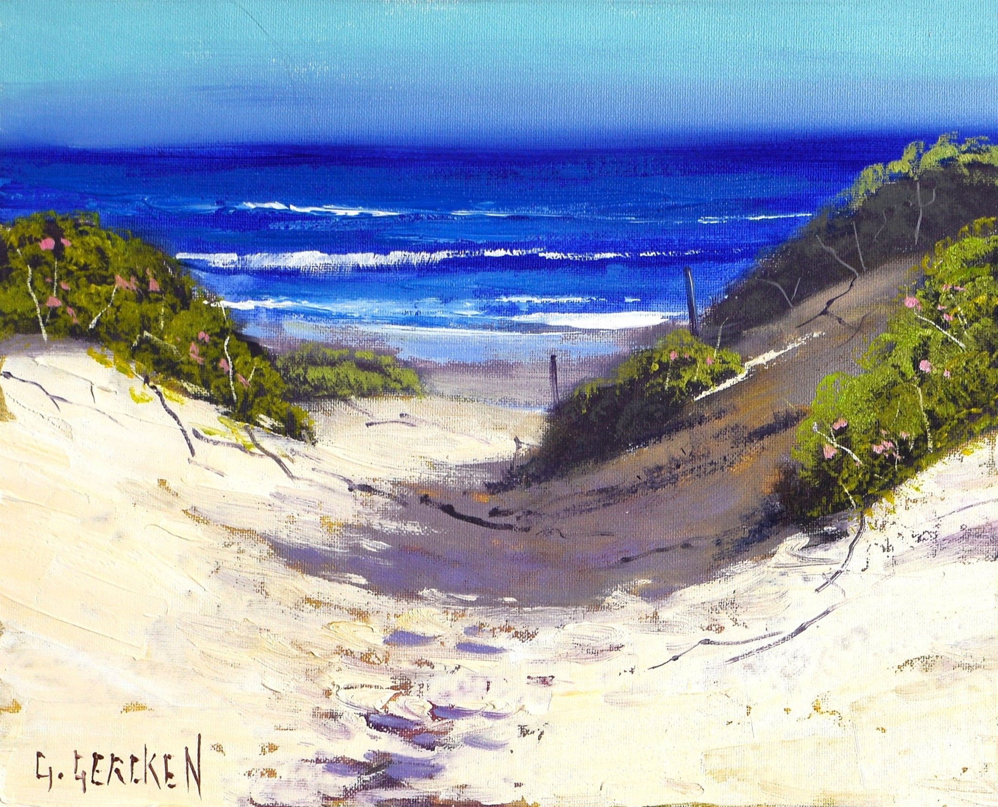 Beach landscape with rippled dunes and sea grass, oil on canvas