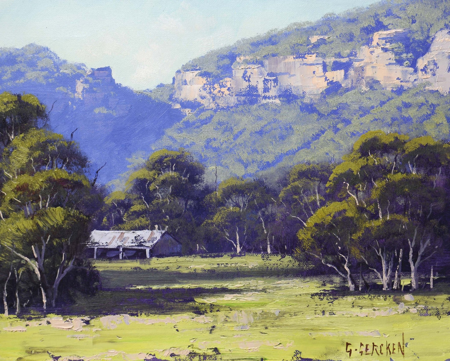 Landscape painting of a valley with trees, a house, and mountains.