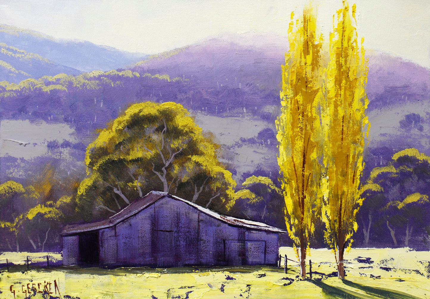 Tarana Farm Shed and Autumn Poplars | Framed Oil Painting | Australian Landscape Art