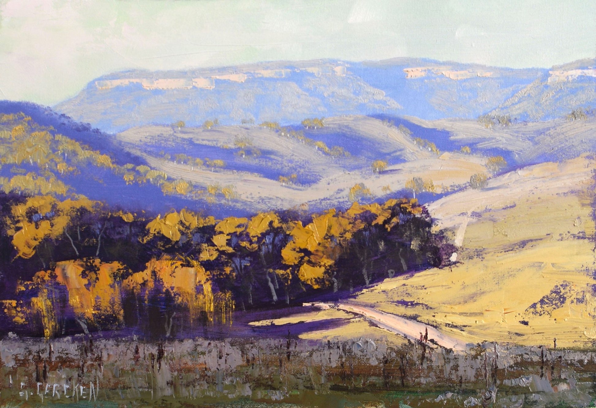 Rolling countryside with gum trees and dramatic sky, painted in oils