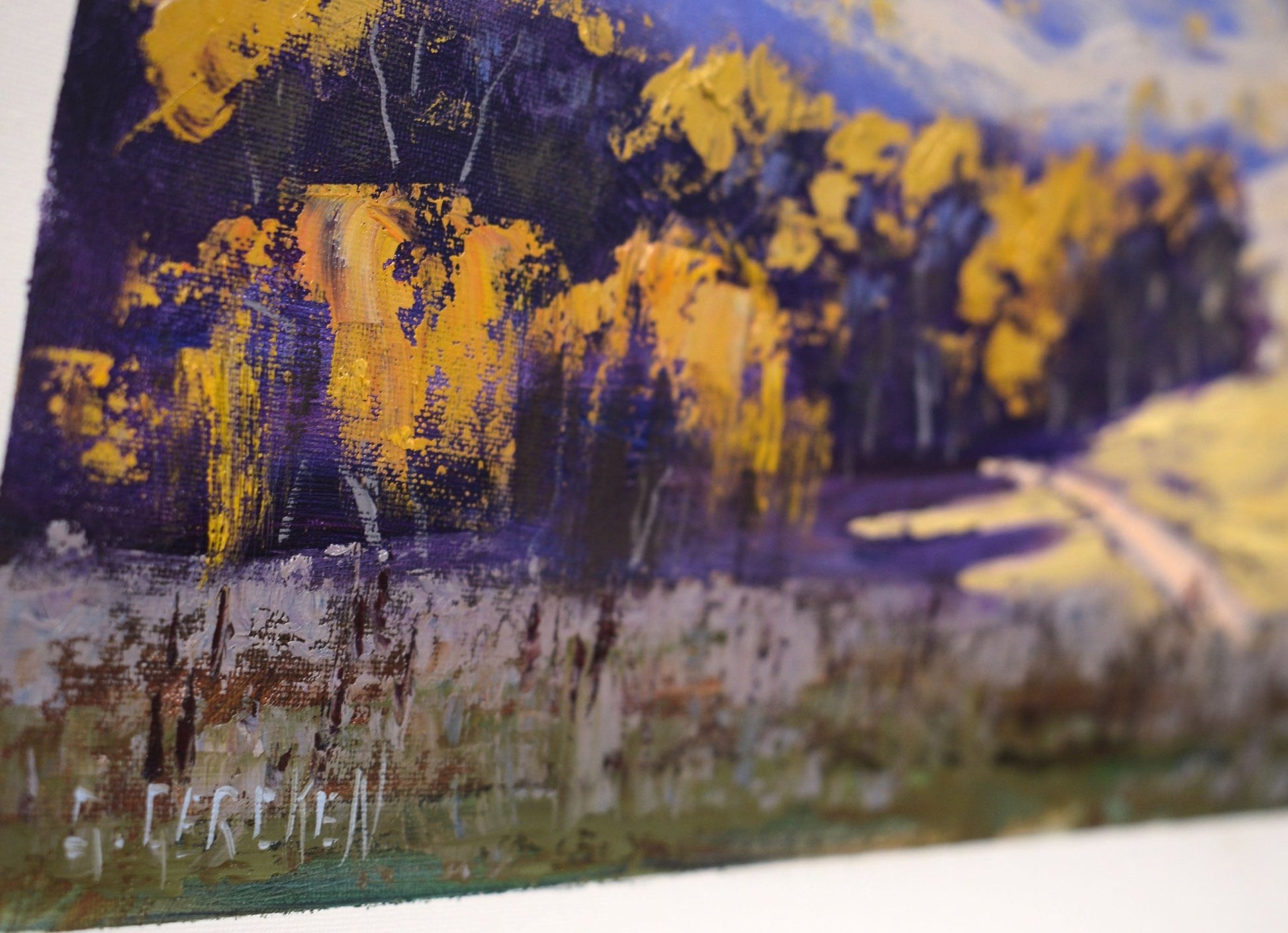 Rolling countryside with gum trees and dramatic sky, painted in oils