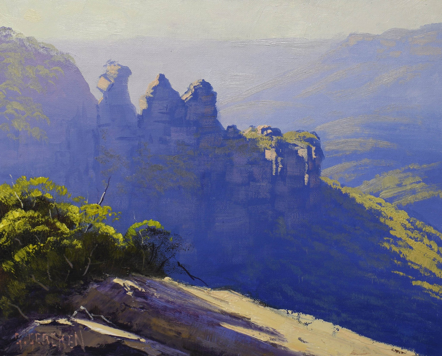 Painting of a mountain landscape with rocky formations and greenery