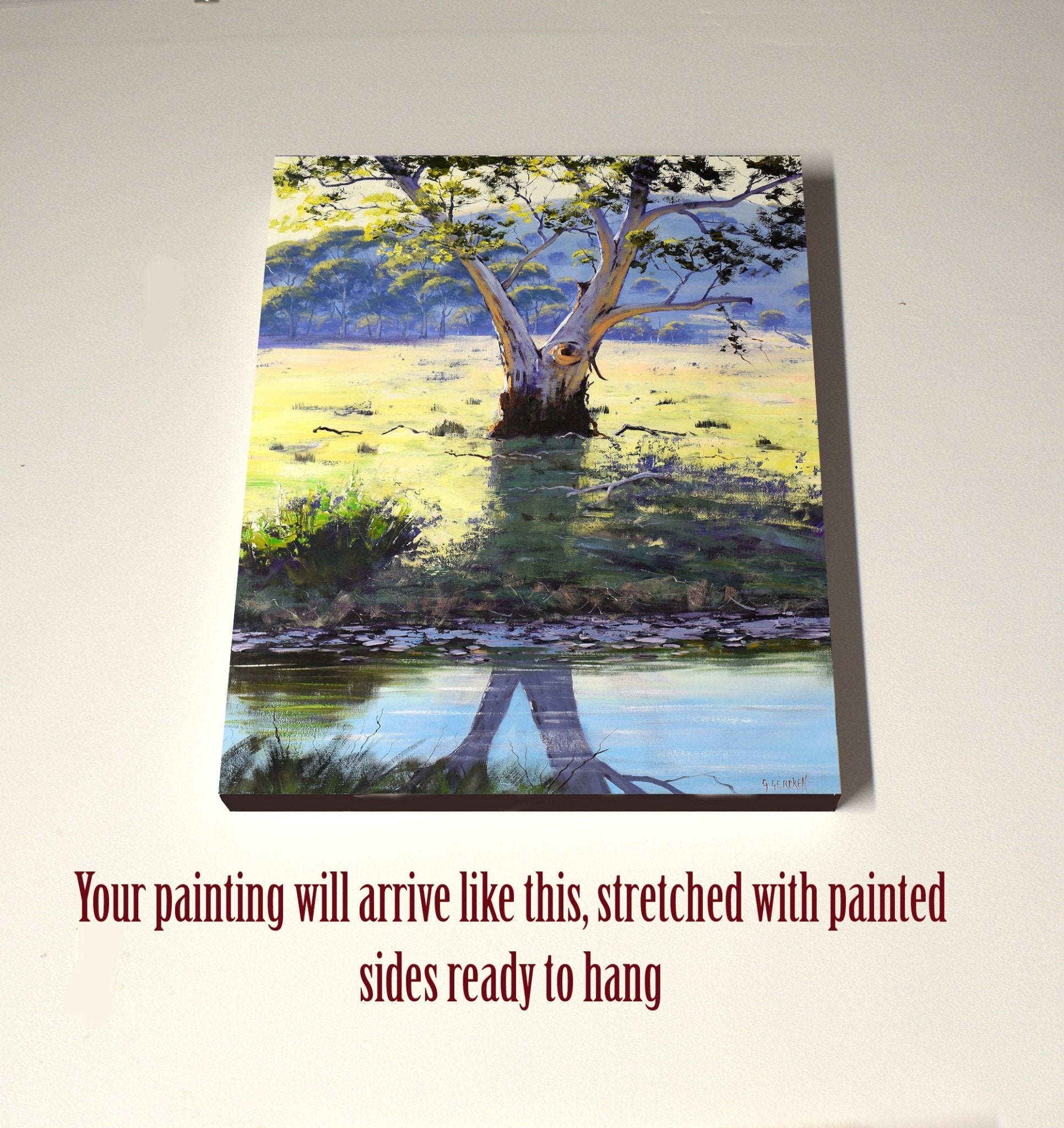 Gum tree landscape with golden light and shadows, painted in oils