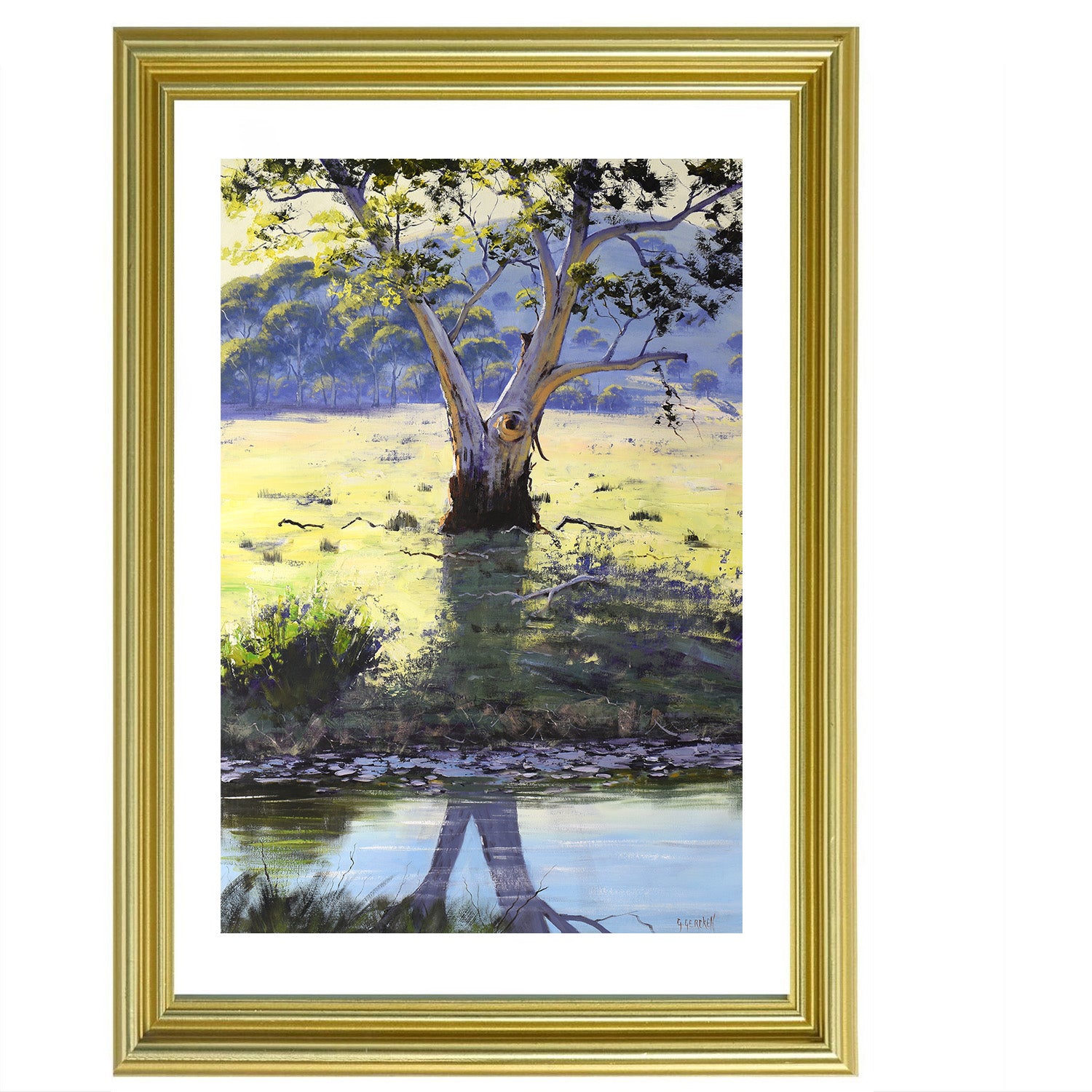 Gum tree landscape with golden light and shadows, painted in oils