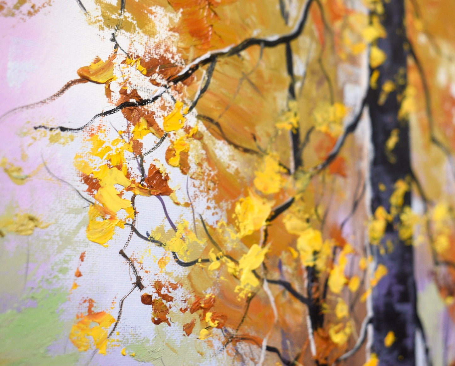 Artistic depiction of autumn leaves on branches with a colorful background