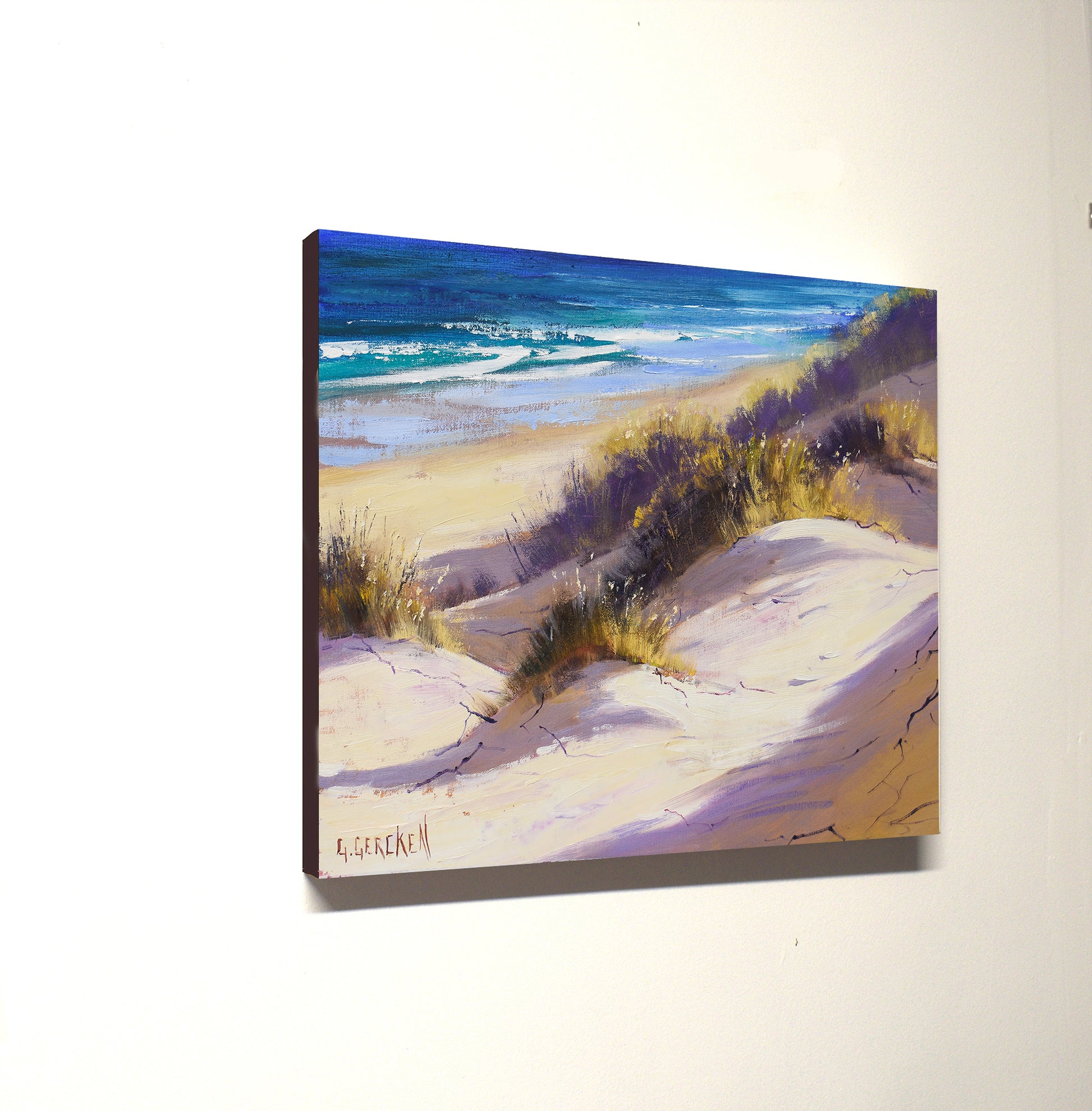 Coastal sand dunes and gentle surf in warm afternoon light