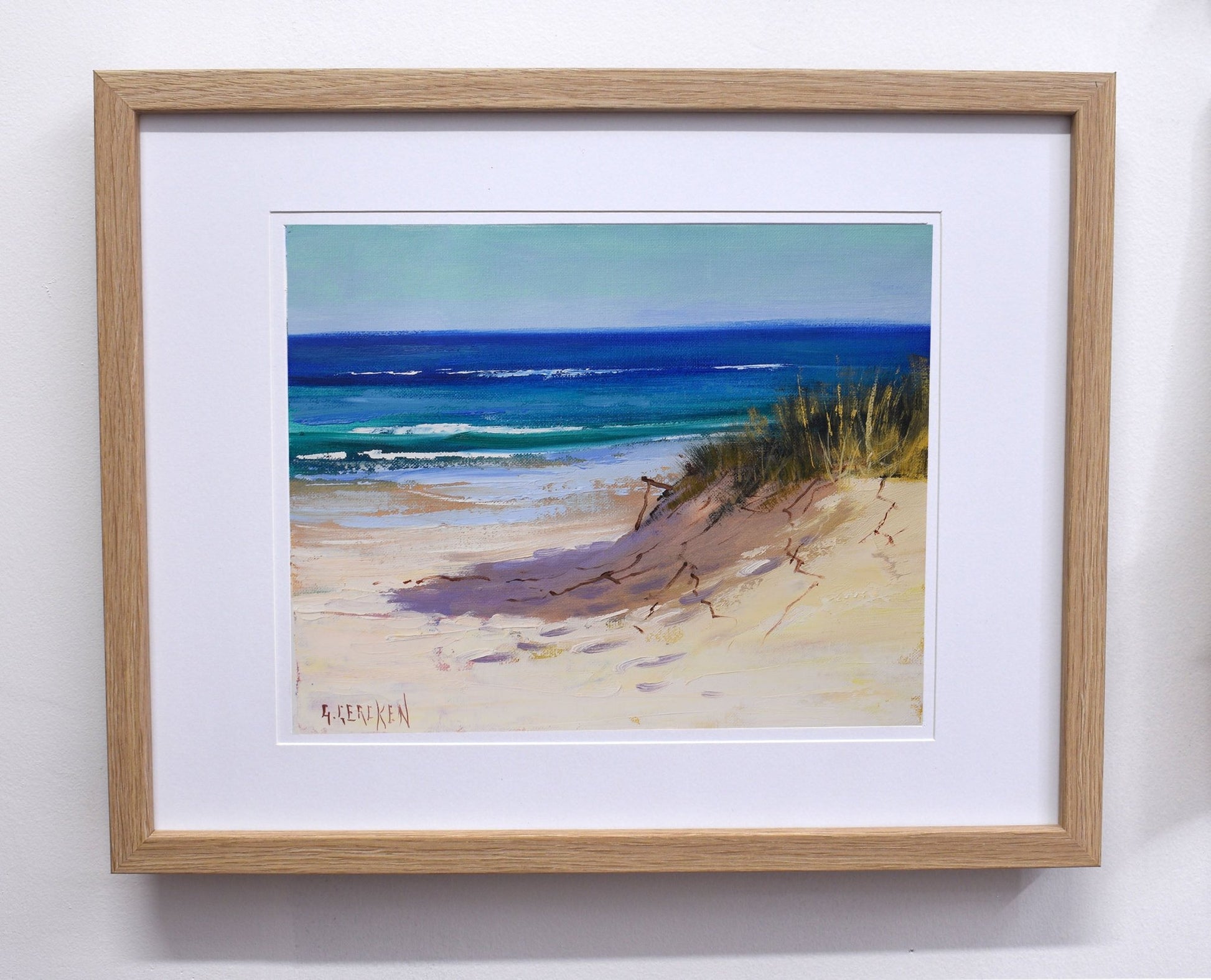Beach landscape with rippled dunes and sea grass, oil on canvas