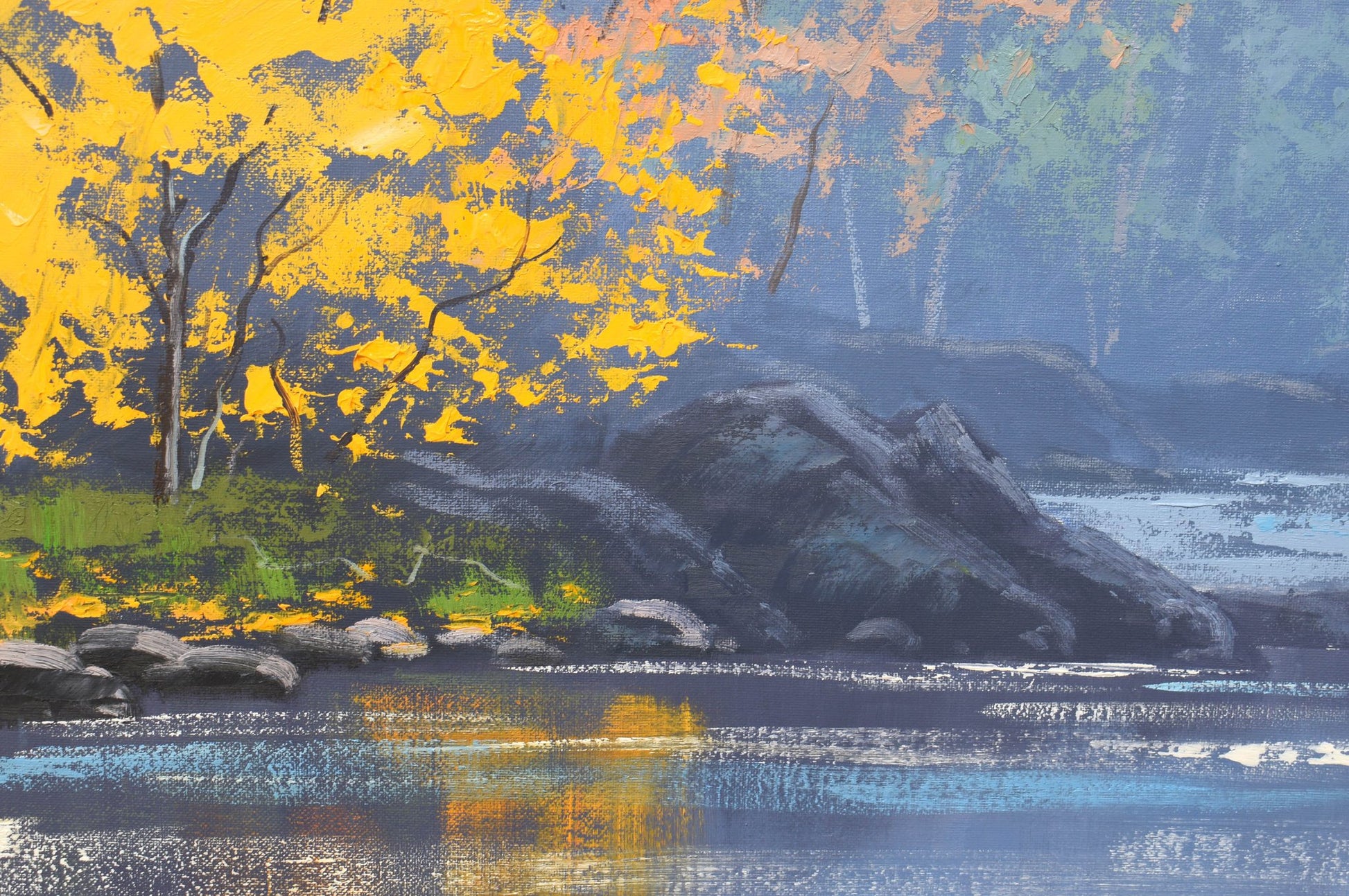 Autumn forest scene with warm tones and textured brushwork