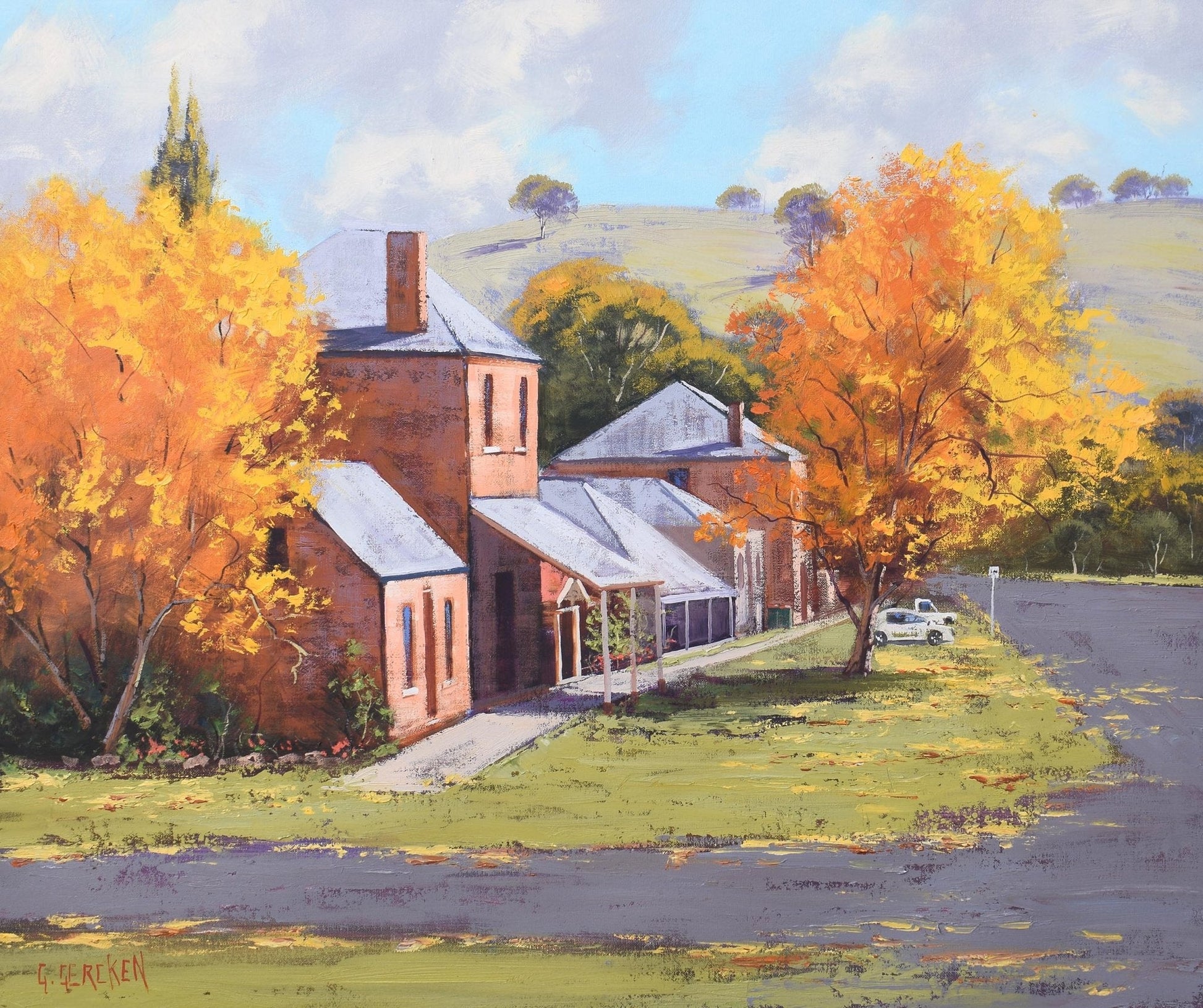 Carcoar historic town in autumn colors, Australian landscape oil painting by G. Gercken.