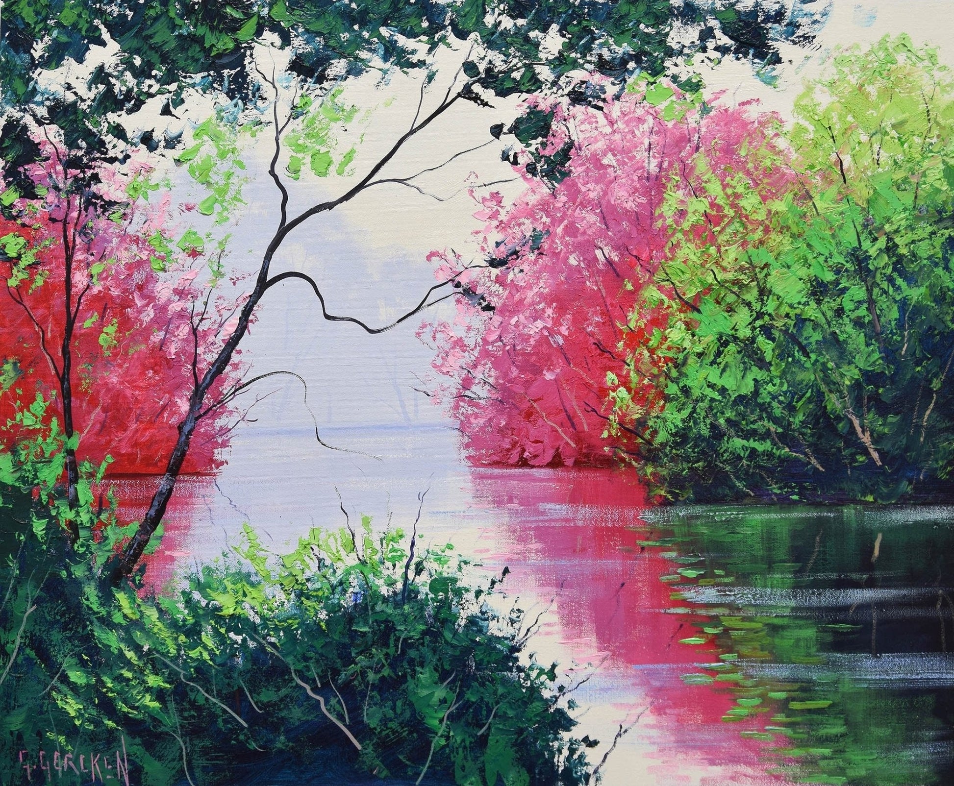 River landscape oil painting, 20x16 inches, signed, vibrant colors, ready to hang.
