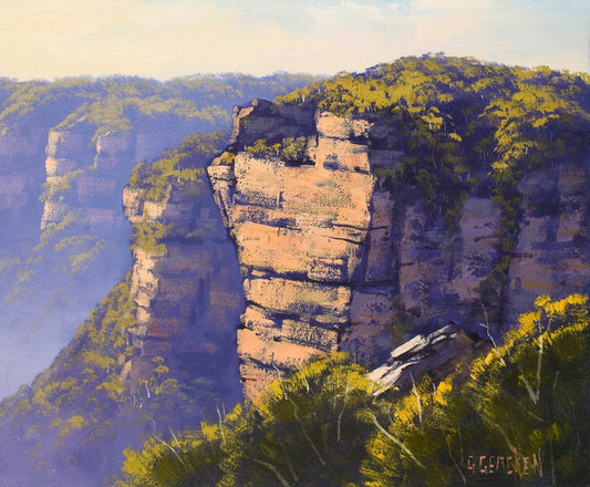 Australian Blue Mountains scenery in soft afternoon light, painted in oils