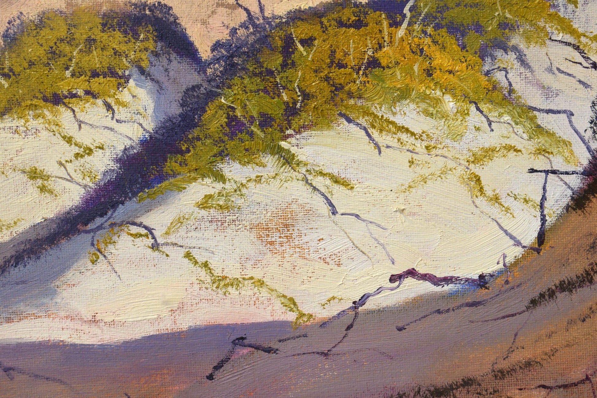 Sunlit coastal sand dunes with blue ocean view, painted in oils