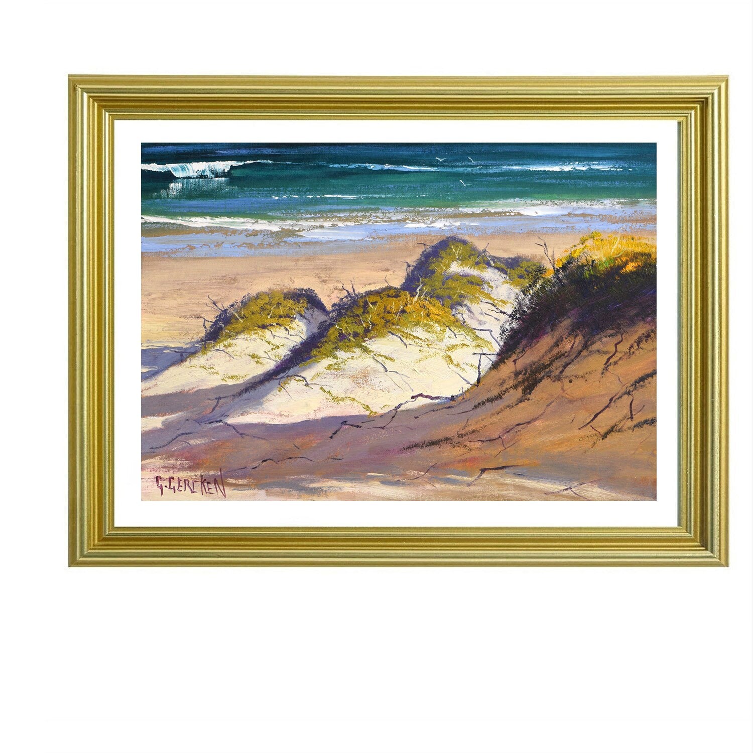 Sunlit coastal sand dunes with blue ocean view, painted in oils