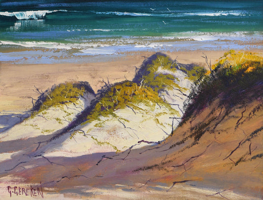 Sunlit coastal sand dunes with blue ocean view, painted in oils