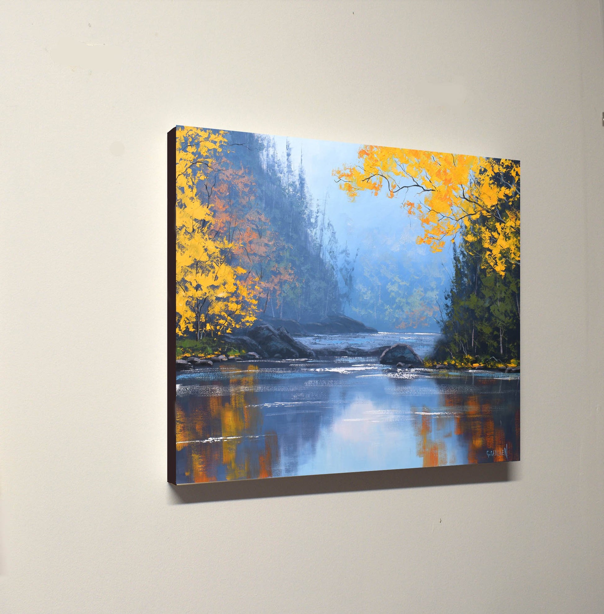 Autumn forest scene with warm tones and textured brushwork