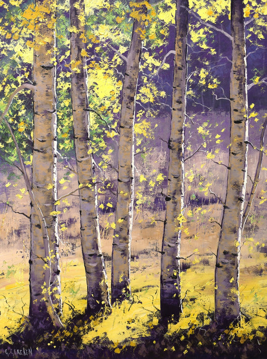 Autumn trees with golden leaves beside a country track, oil on canvas