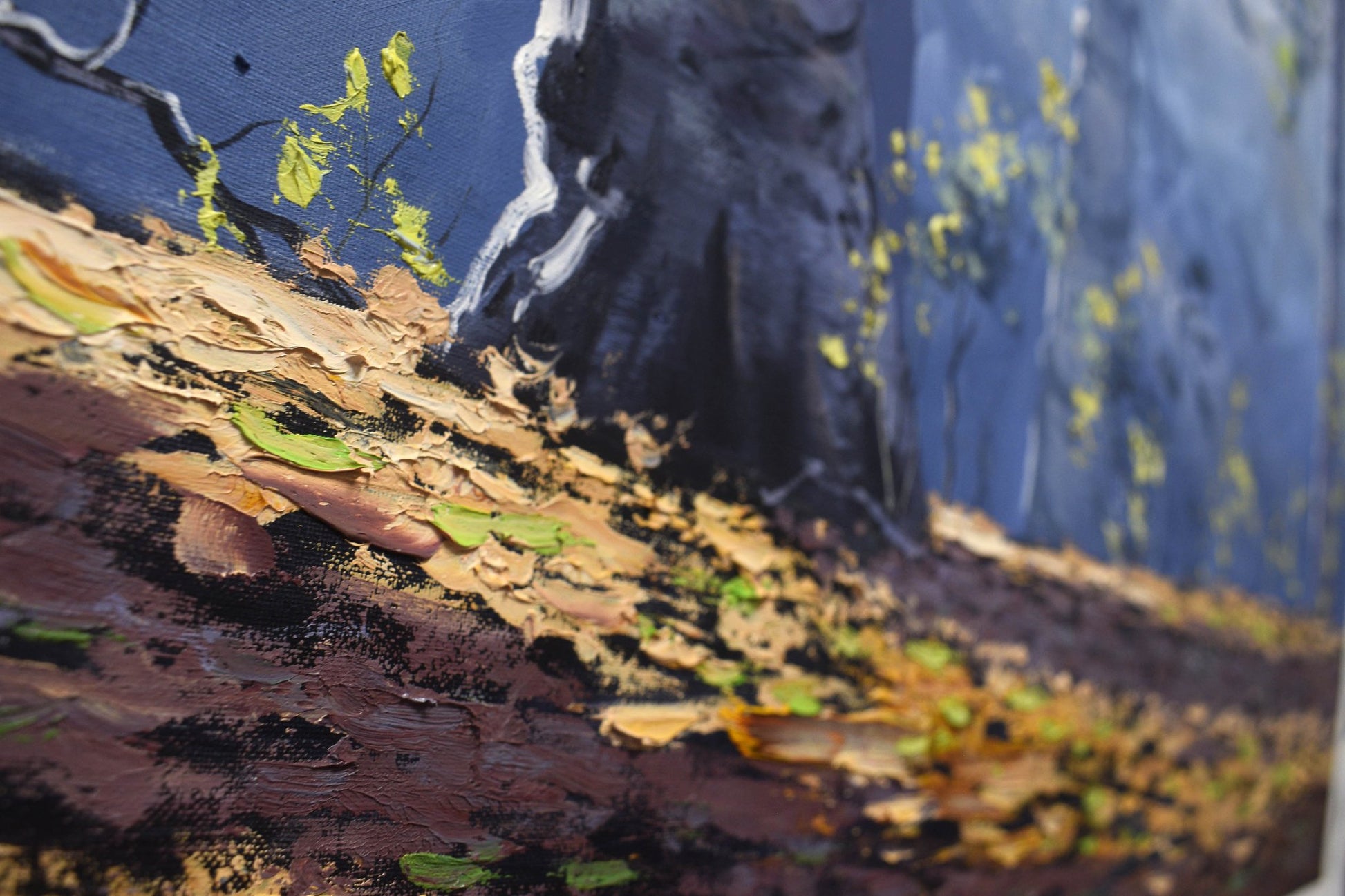 Colorful fall foliage in a bushland scene, painted in oils