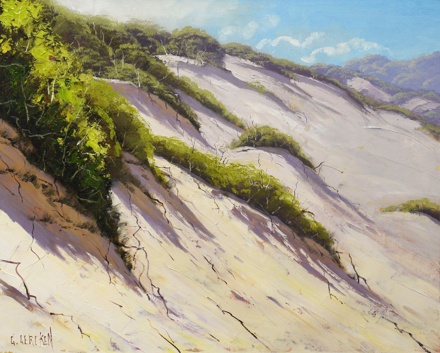 Painting of a coastal landscape with sand dunes, vegetation, and mountains.