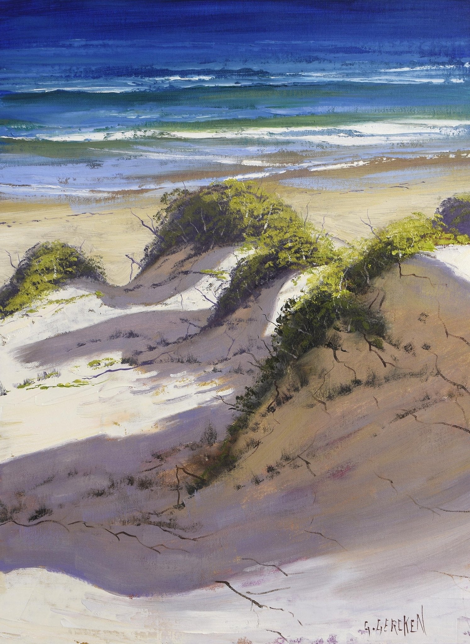 Painting of a beach scene with sand dunes and ocean waves.