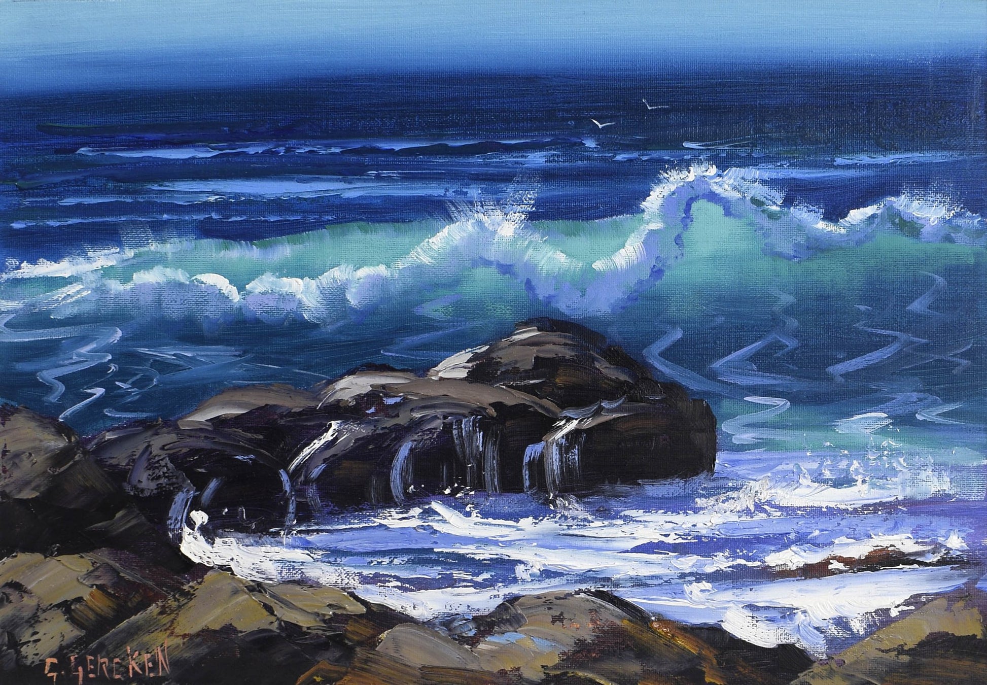 Oil painting of waves crashing against rocks with a clear blue sky.