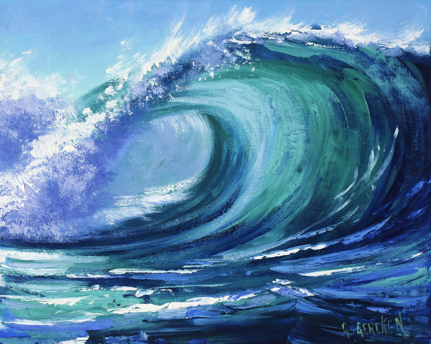 Painting of a large wave with blue and green colors.