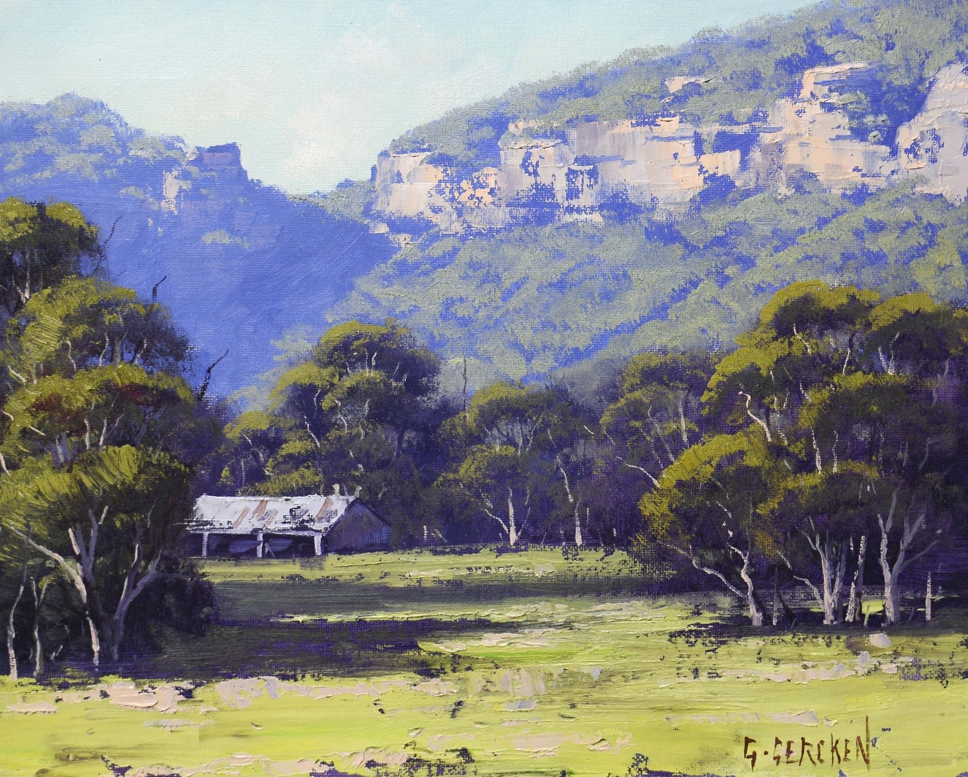 Landscape painting of a valley with trees, a house, and mountains.
