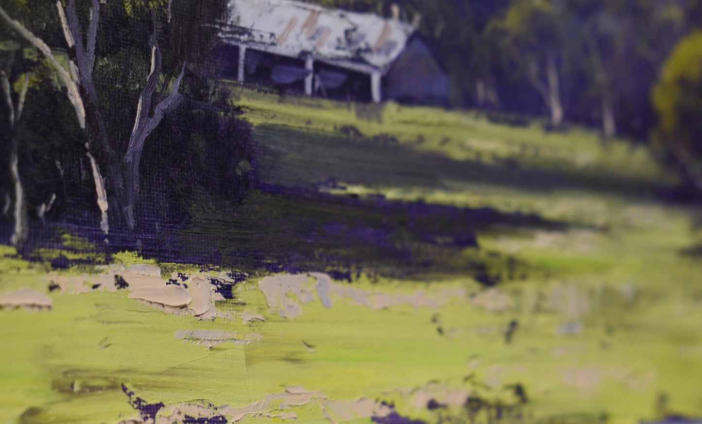 Artistic depiction of a landscape with trees and a building in the background