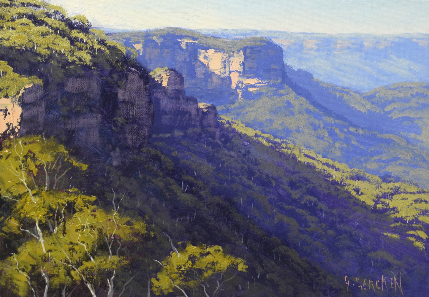 Painting of a mountain landscape with cliffs and trees