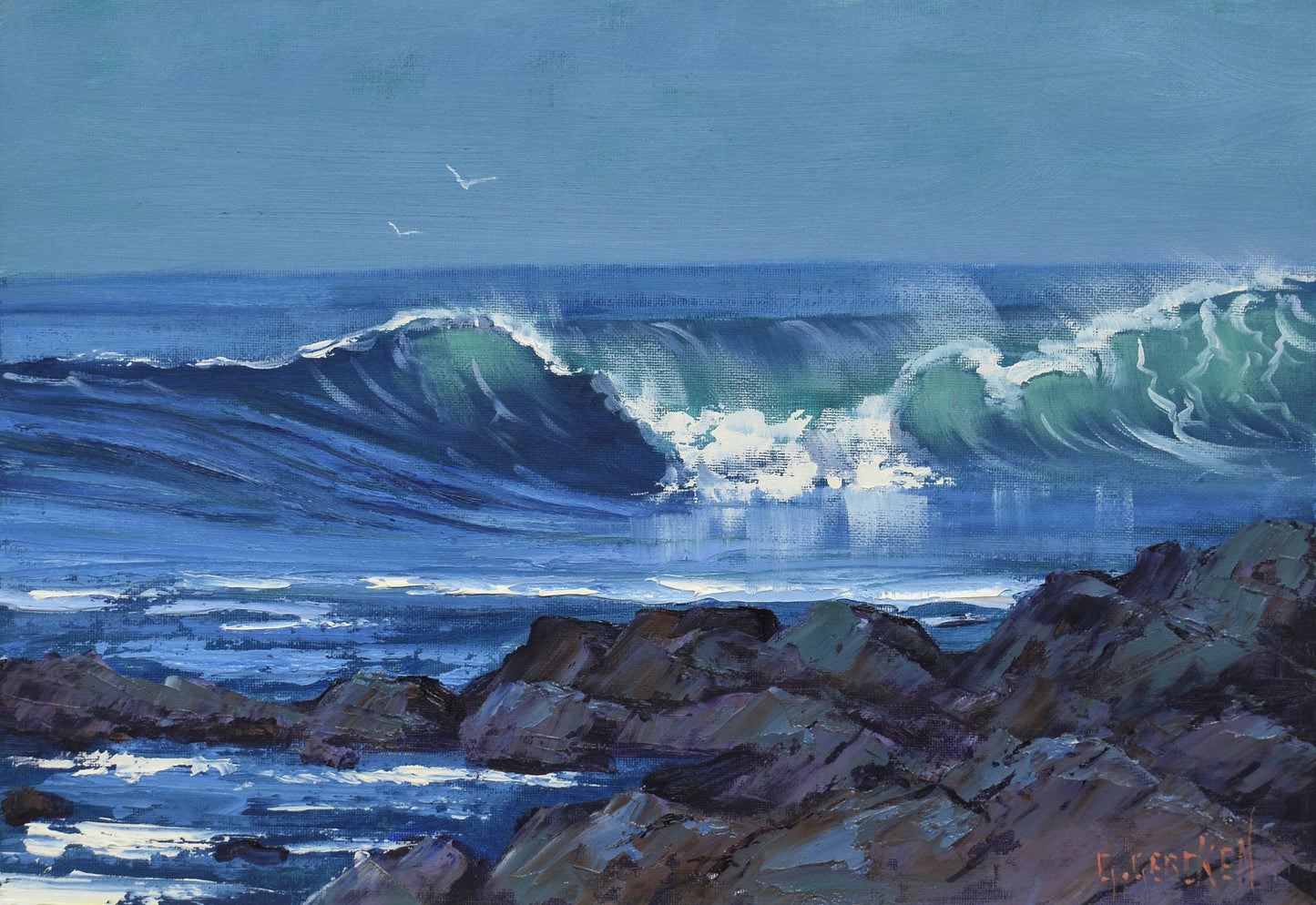 Painting of ocean waves crashing against rocks with a blue sky.