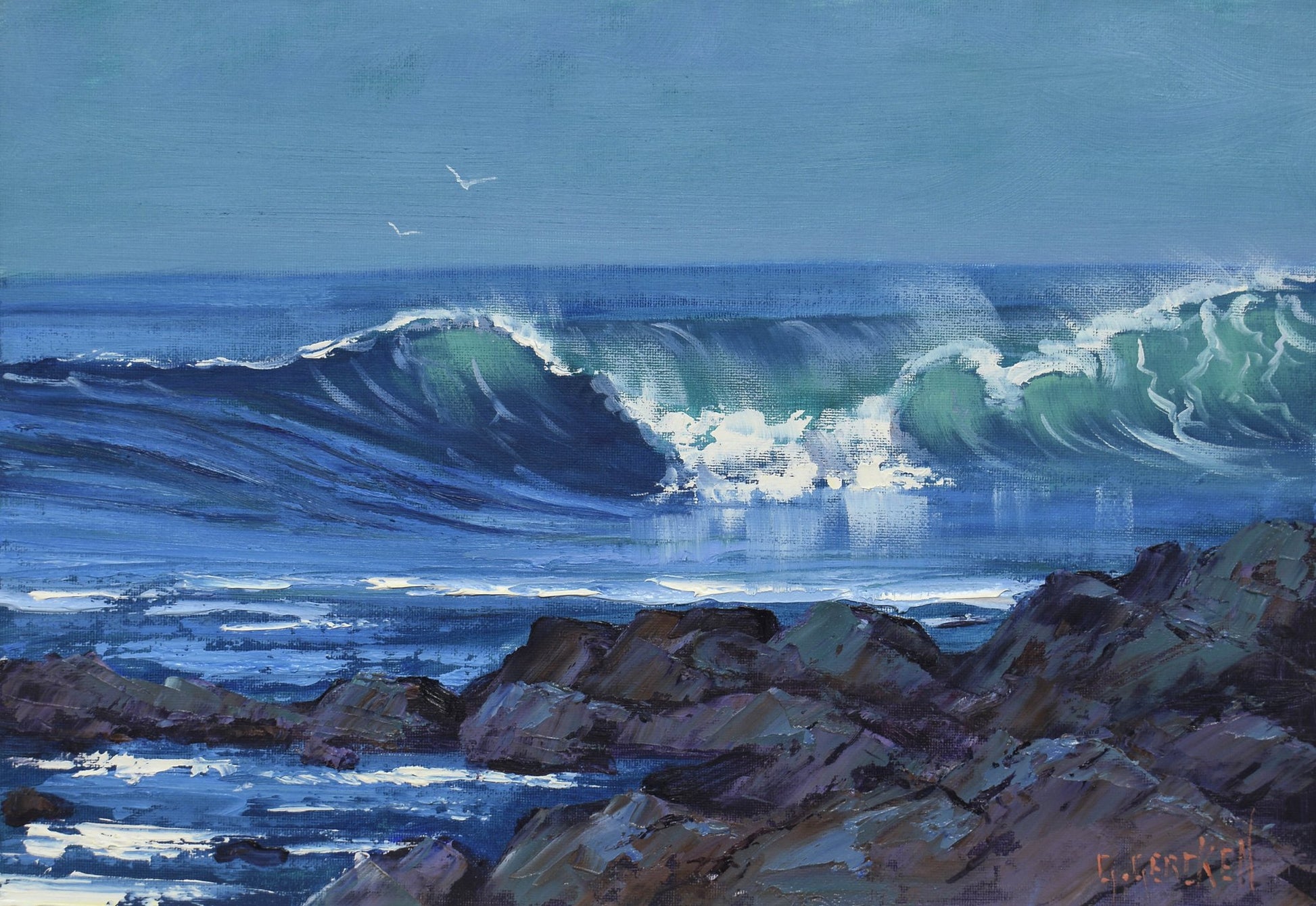 Painting of ocean waves crashing against rocks with a blue sky.