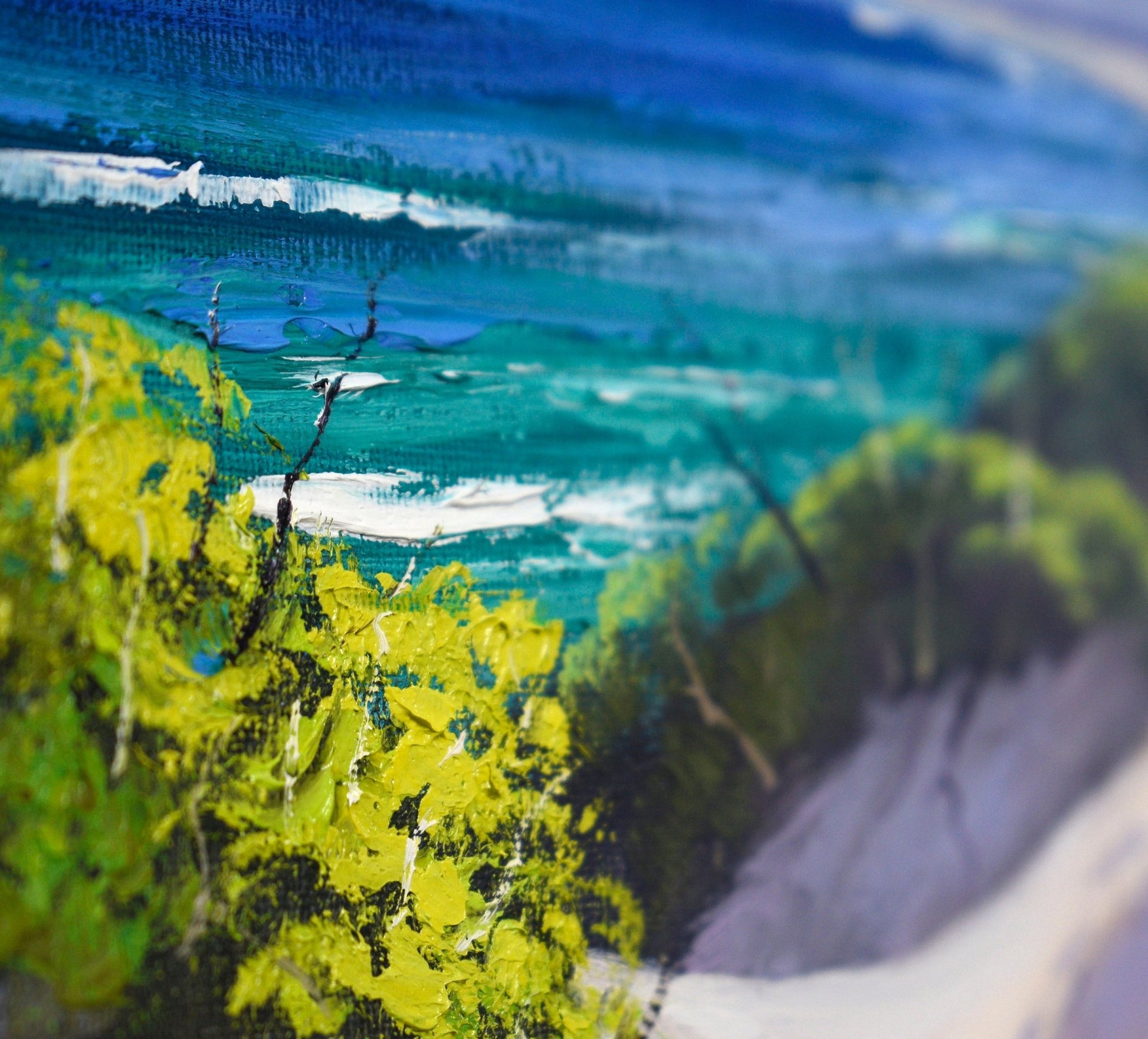 Close-up of a textured surface with green and blue colors
