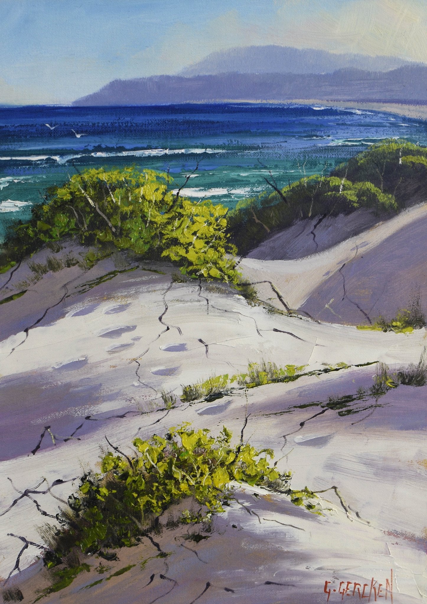Painting of a coastal scene with sand, greenery, and ocean waves.