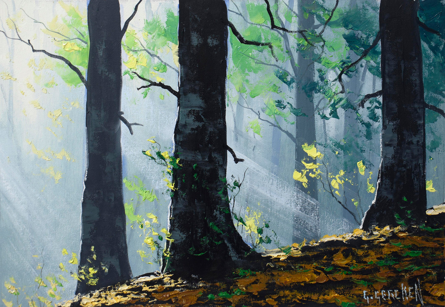 A forest landscape painting featuring tall dark tree trunks, soft blue-gray misty light filtering through green and yellow leaves, and golden-brown ground in the foreground. Signed G.