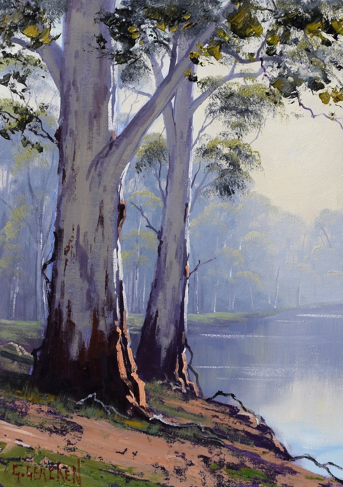 Original Australian Landscape Oil Painting River Gum trees Framed Graham Gercken