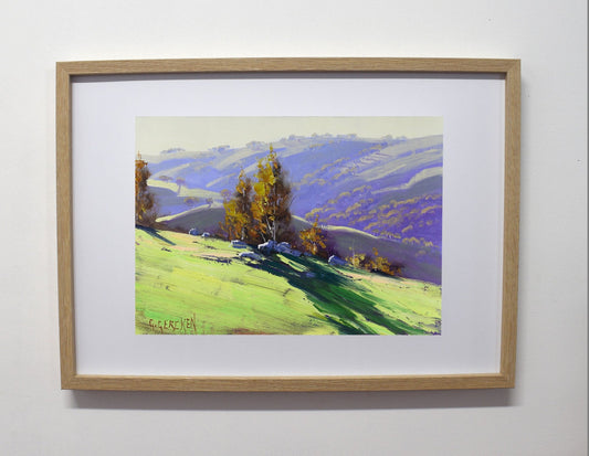 Rolling countryside with gum trees and dramatic sky, painted in oils