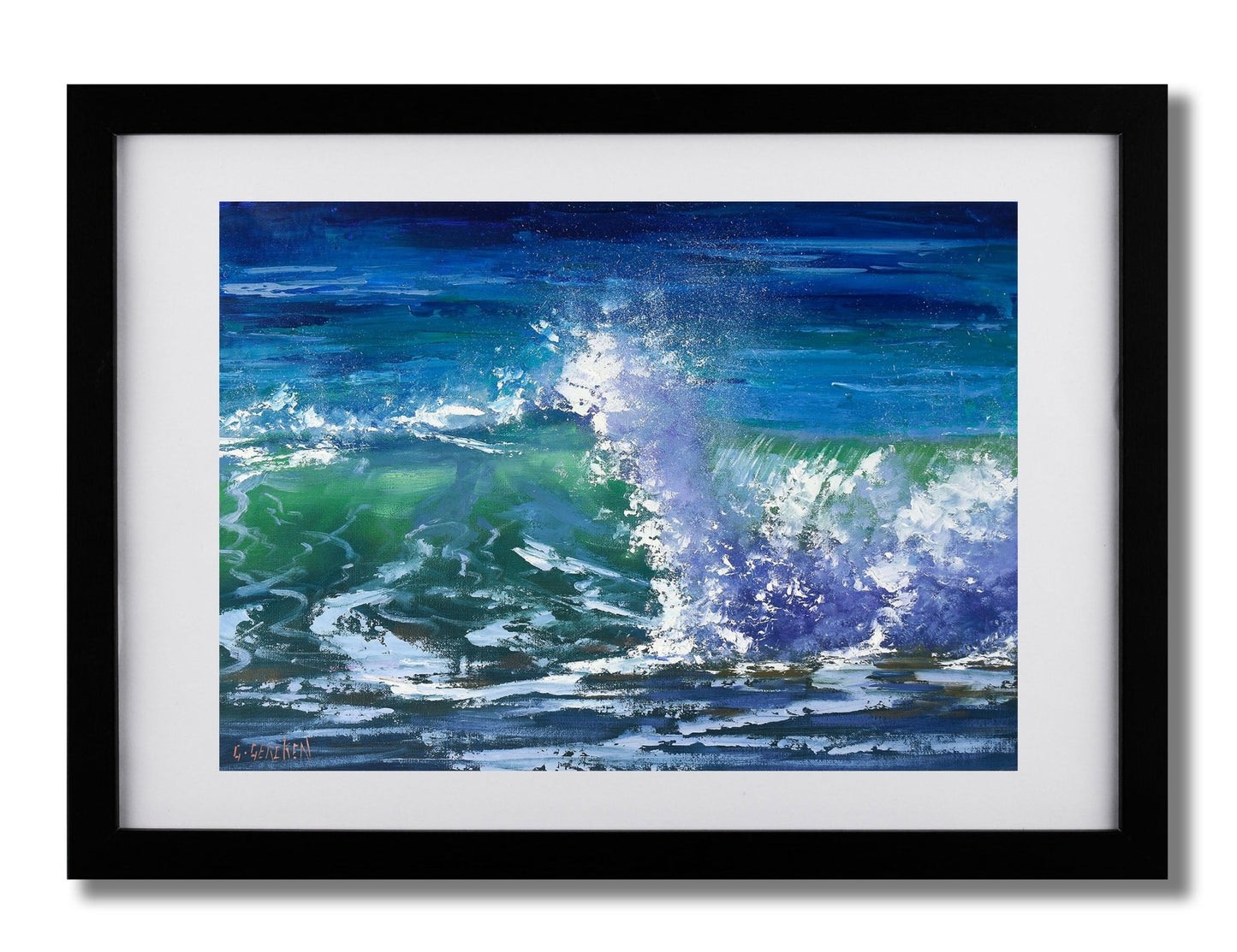 Framed artwork of a dynamic ocean wave with blue and green colors.