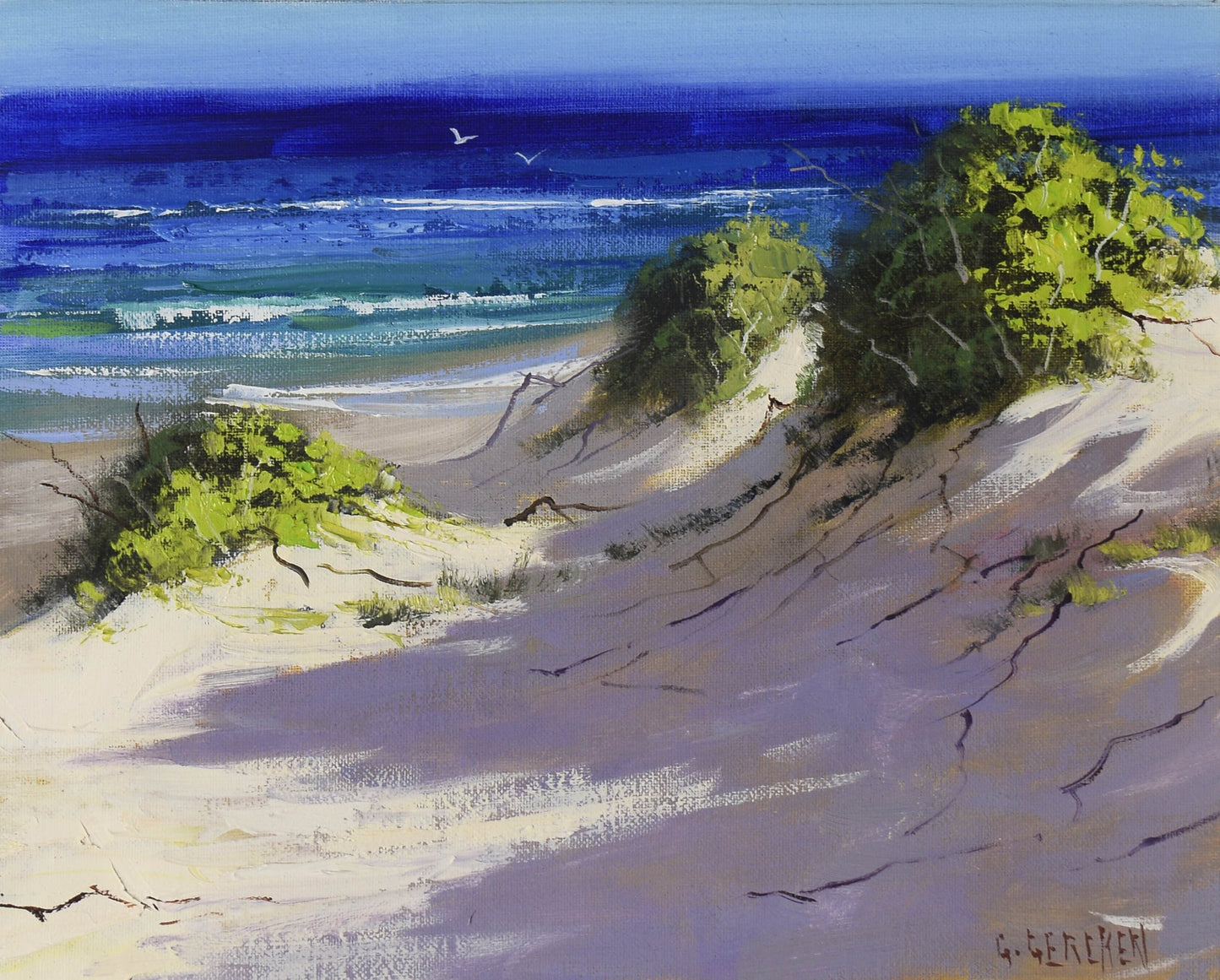 Painting of a beach scene with sand dunes and ocean waves.