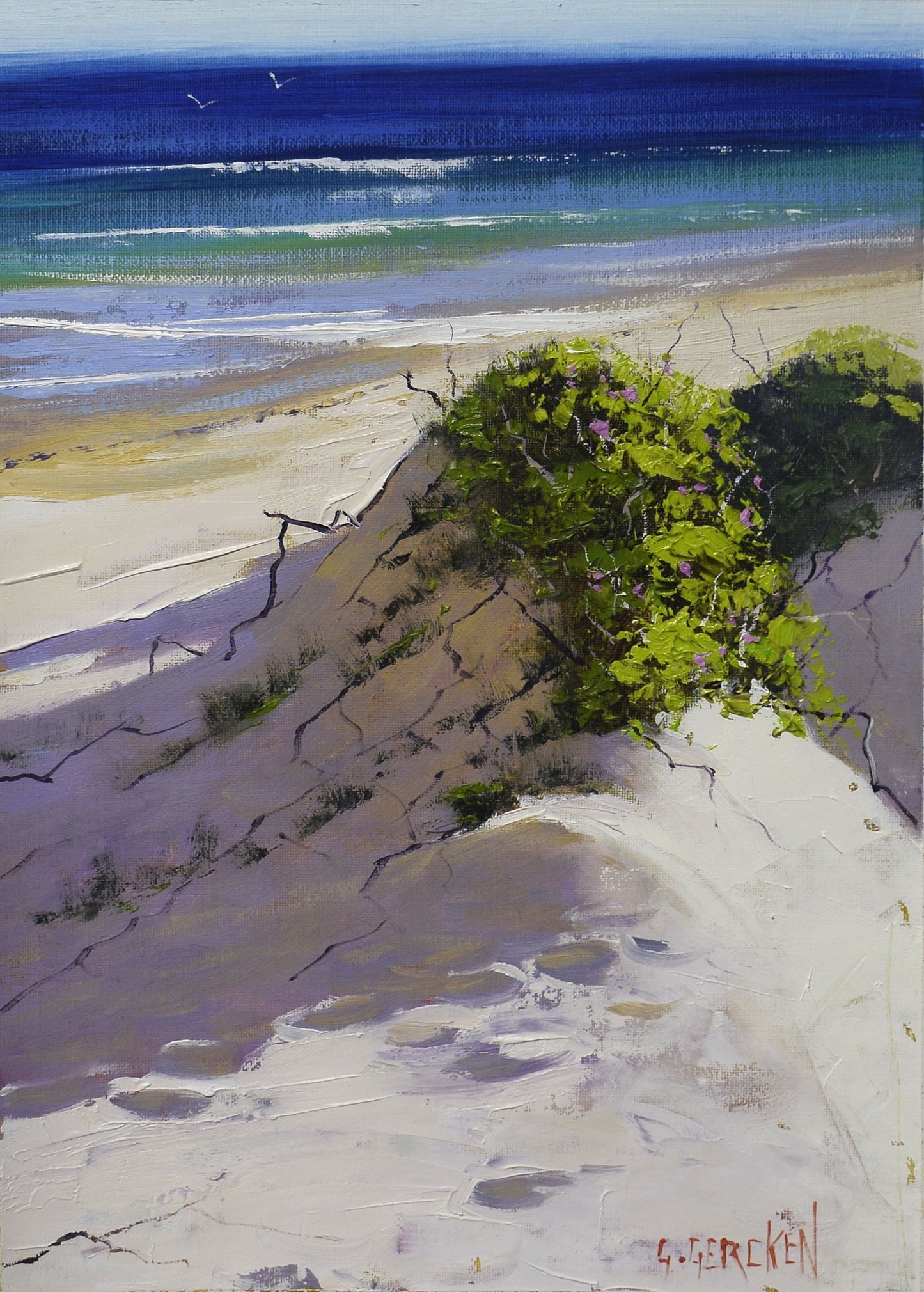 Painting of a beach scene with trees and ocean waves
