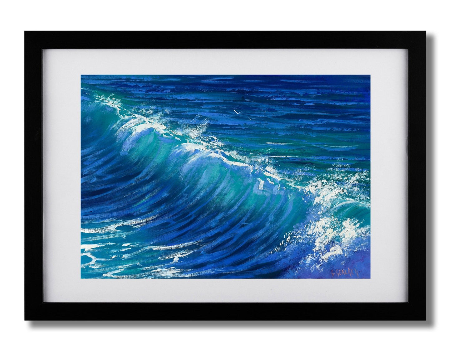 Framed artwork of a blue ocean wave with white foam.