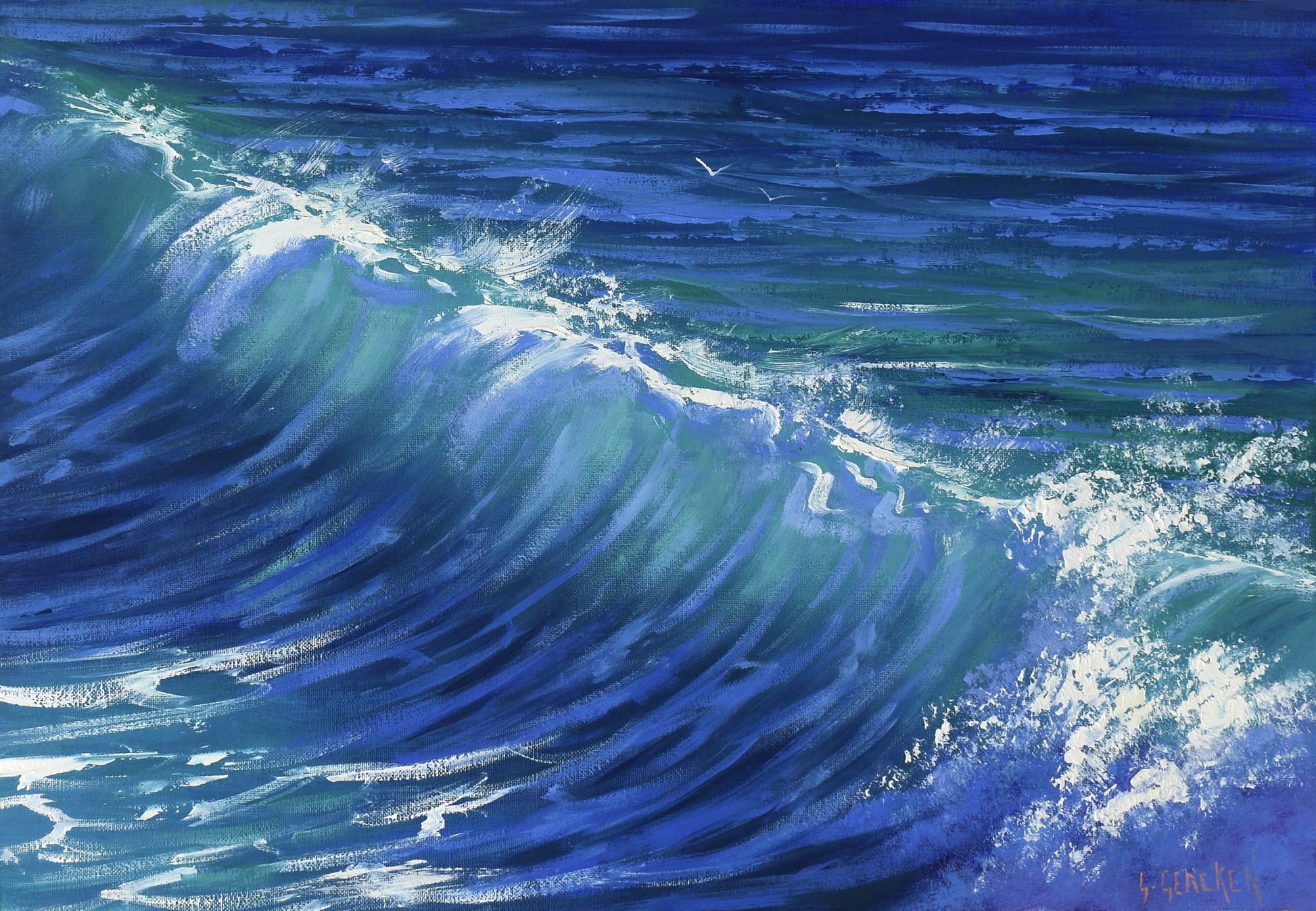 Oil painting of a large wave with detailed water textures
